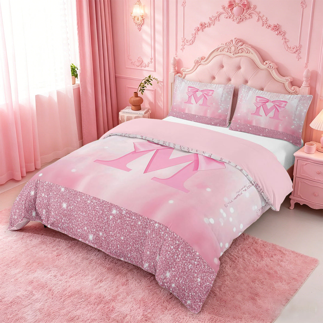meiyoeat Pink Sequin Print Bedding For Girls,Ribbon Bowknot Alphabet Print M Duvet Cover Full For Kids,Pink Reversible,3-Piece(No Comforter)