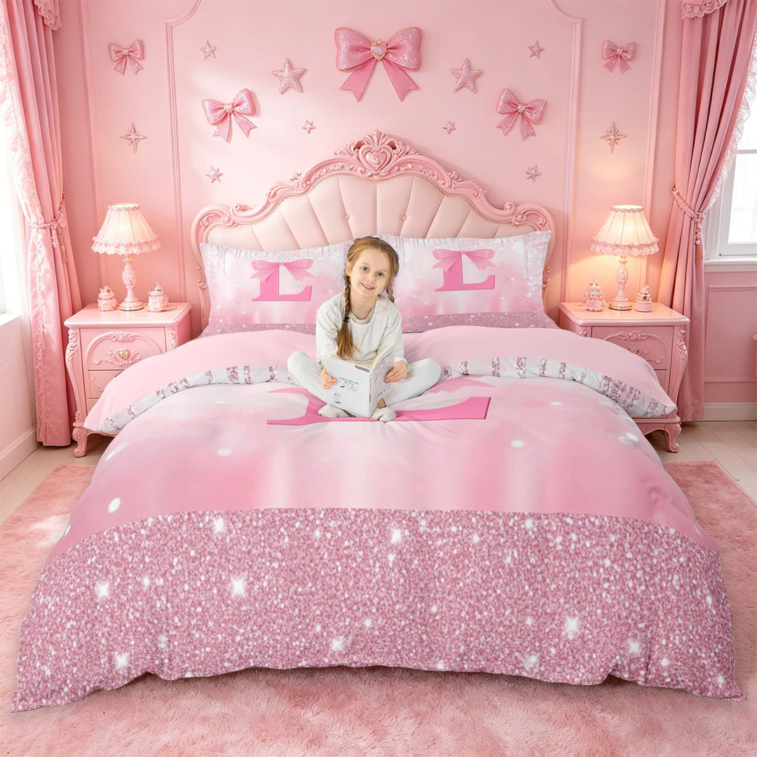 meiyoeat Girls Personalized Monogrammed Gifts Bedding For Bow Lovers,Pink Bowtie Letter L Duvet Cover Full For Kids,Pink Reversible,3pcs(No Comforter)