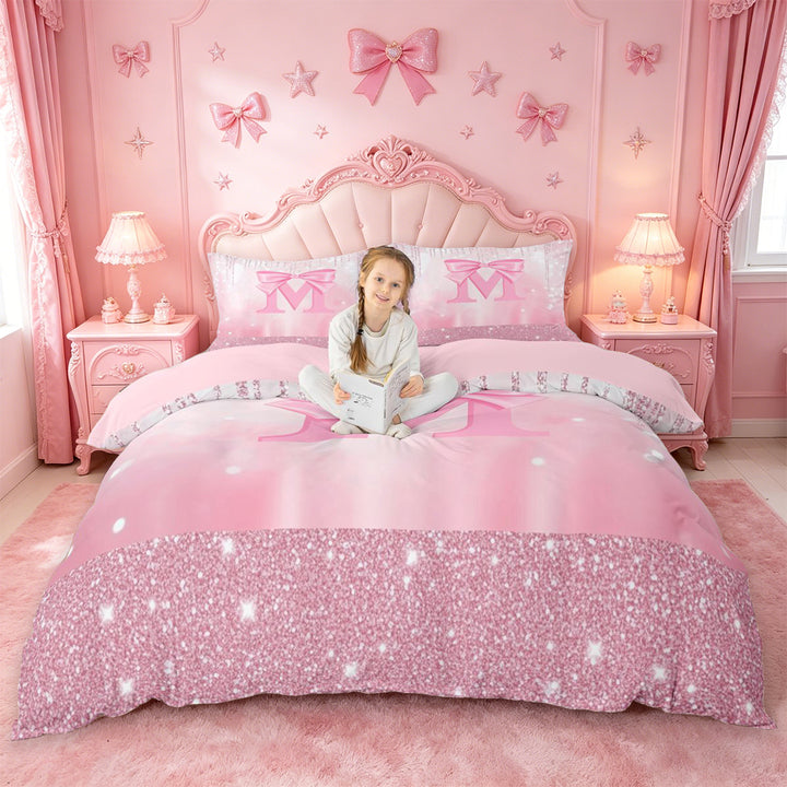 meiyoeat Pink Sequin Print Bedding For Girls,Ribbon Bowknot Alphabet Print M Duvet Cover Full For Kids,Pink Reversible,3-Piece(No Comforter)