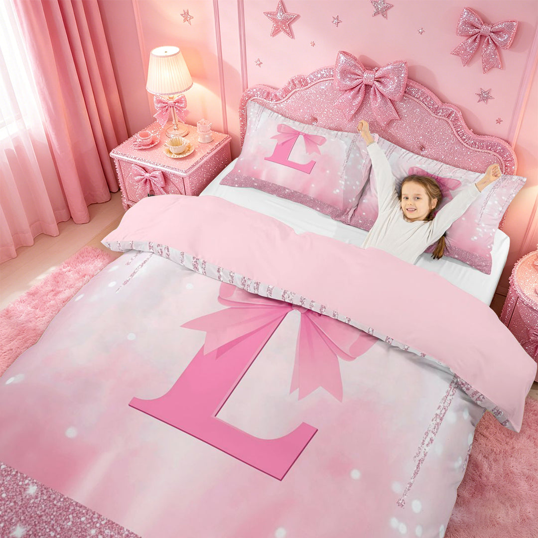 meiyoeat Girls Personalized Monogrammed Gifts Bedding For Bow Lovers,Pink Bowtie Letter L Duvet Cover Full For Kids,Pink Reversible,3pcs(No Comforter)