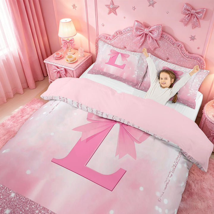 meiyoeat Girls Personalized Monogrammed Gifts Bedding For Bow Lovers,Pink Bowtie Letter L Duvet Cover Full For Kids,Pink Reversible,3pcs(No Comforter)
