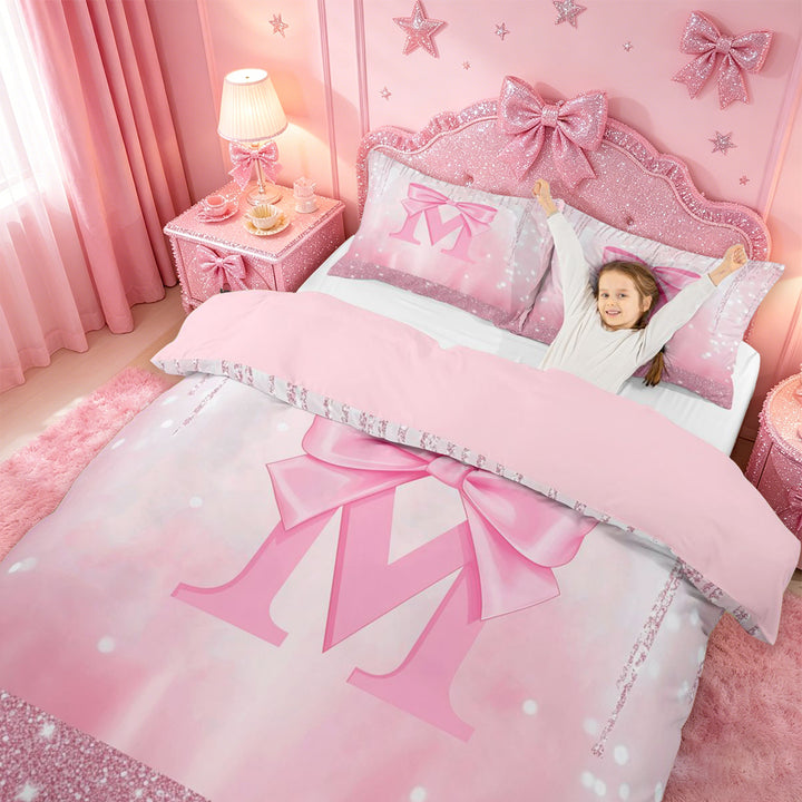 meiyoeat Pink Sequin Print Bedding For Girls,Ribbon Bowknot Alphabet Print M Duvet Cover Full For Kids,Pink Reversible,3-Piece(No Comforter)