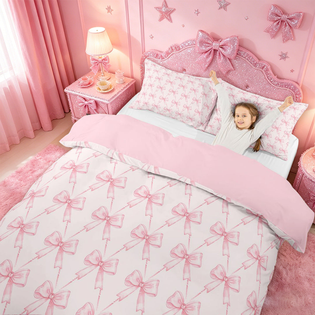 meiyoeat Pink Coquette Bows Bedding For Girls,Dreamy Princess Bowknot Duvet Cover Full For Kids,Pink Reversible,3-Piece(No Comforter)