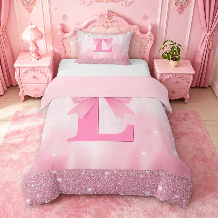meiyoeat Girls Personalized Monogrammed Gifts Bedding For Bow Lovers,Pink Bowtie Letter L Duvet Cover Full For Kids,Pink Reversible,3pcs(No Comforter)