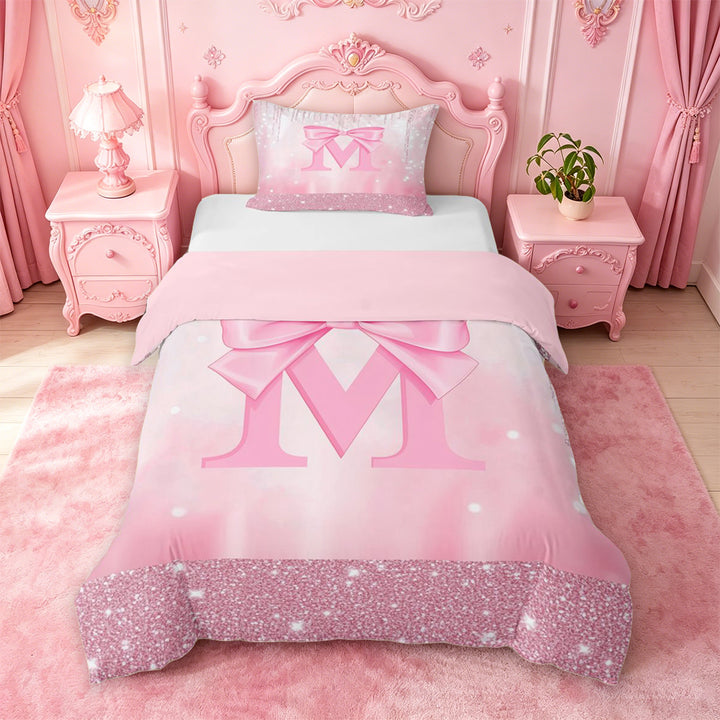meiyoeat Pink Sequin Print Bedding For Girls,Ribbon Bowknot Alphabet Print M Duvet Cover Full For Kids,Pink Reversible,3-Piece(No Comforter)