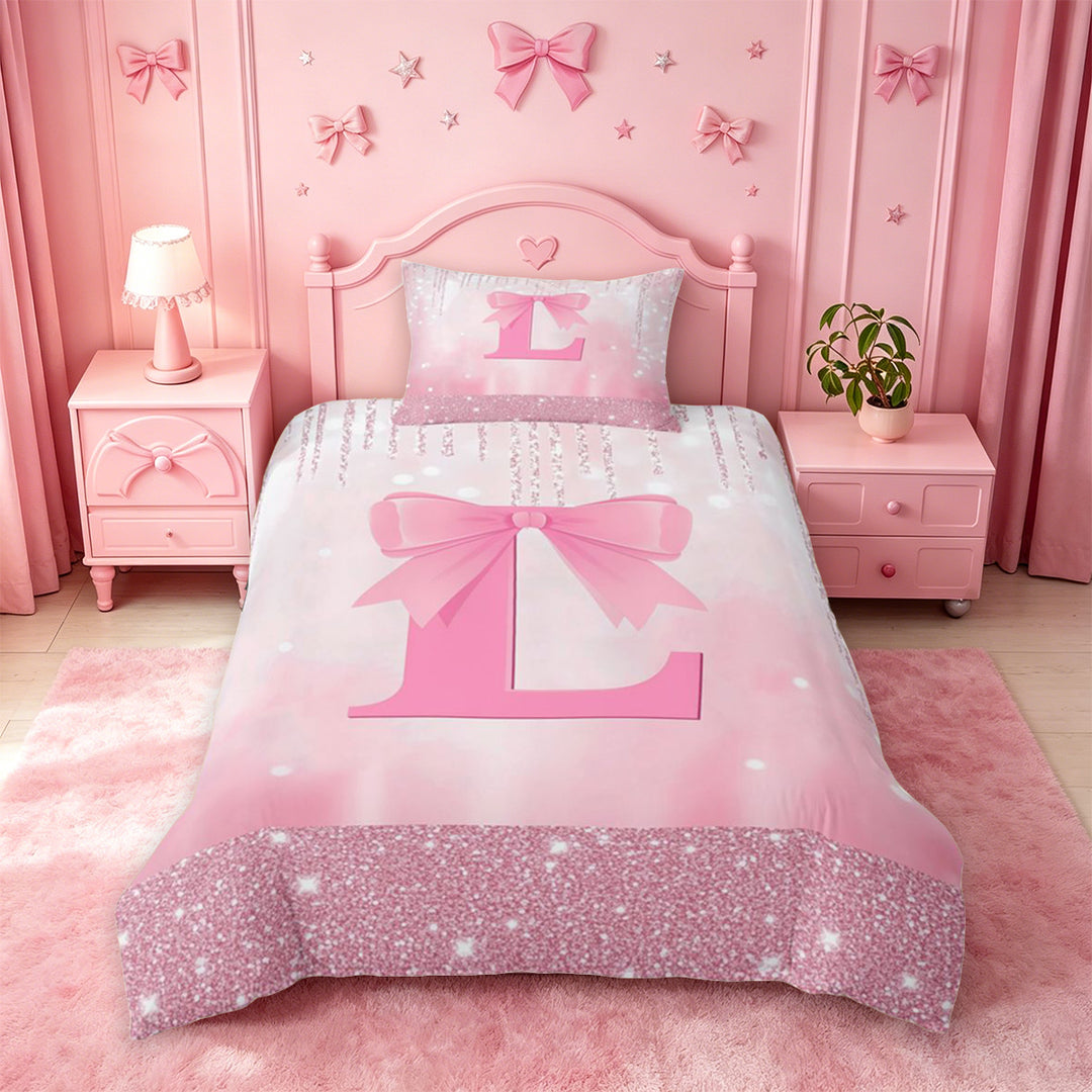 meiyoeat Girls Personalized Monogrammed Gifts Bedding For Bow Lovers,Pink Bowtie Letter L Duvet Cover Full For Kids,Pink Reversible,3pcs(No Comforter)