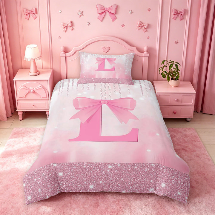 meiyoeat Girls Personalized Monogrammed Gifts Bedding For Bow Lovers,Pink Bowtie Letter L Duvet Cover Full For Kids,Pink Reversible,3pcs(No Comforter)
