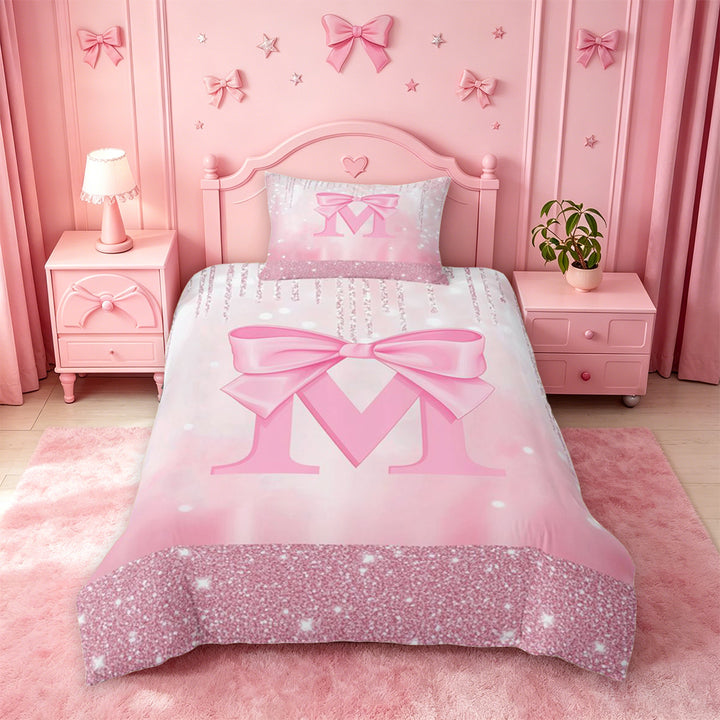 meiyoeat Pink Sequin Print Bedding For Girls,Ribbon Bowknot Alphabet Print M Duvet Cover Full For Kids,Pink Reversible,3-Piece(No Comforter)