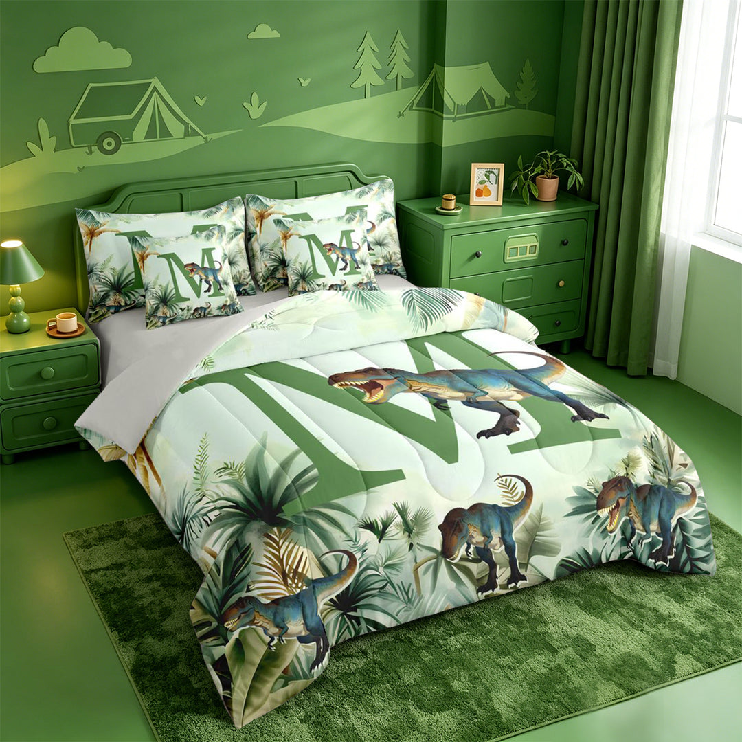 meiyoeat dinosaur Initial M 7 Pieces Full Size Bedding Sets,Jungle Dino Print Full Size Bed in a Bag,Light Gray Reversible