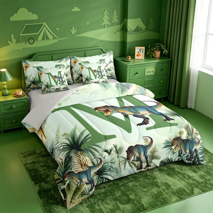meiyoeat dinosaur Initial M 7 Pieces Full Size Bedding Sets,Jungle Dino Print Full Size Bed in a Bag,Light Gray Reversible