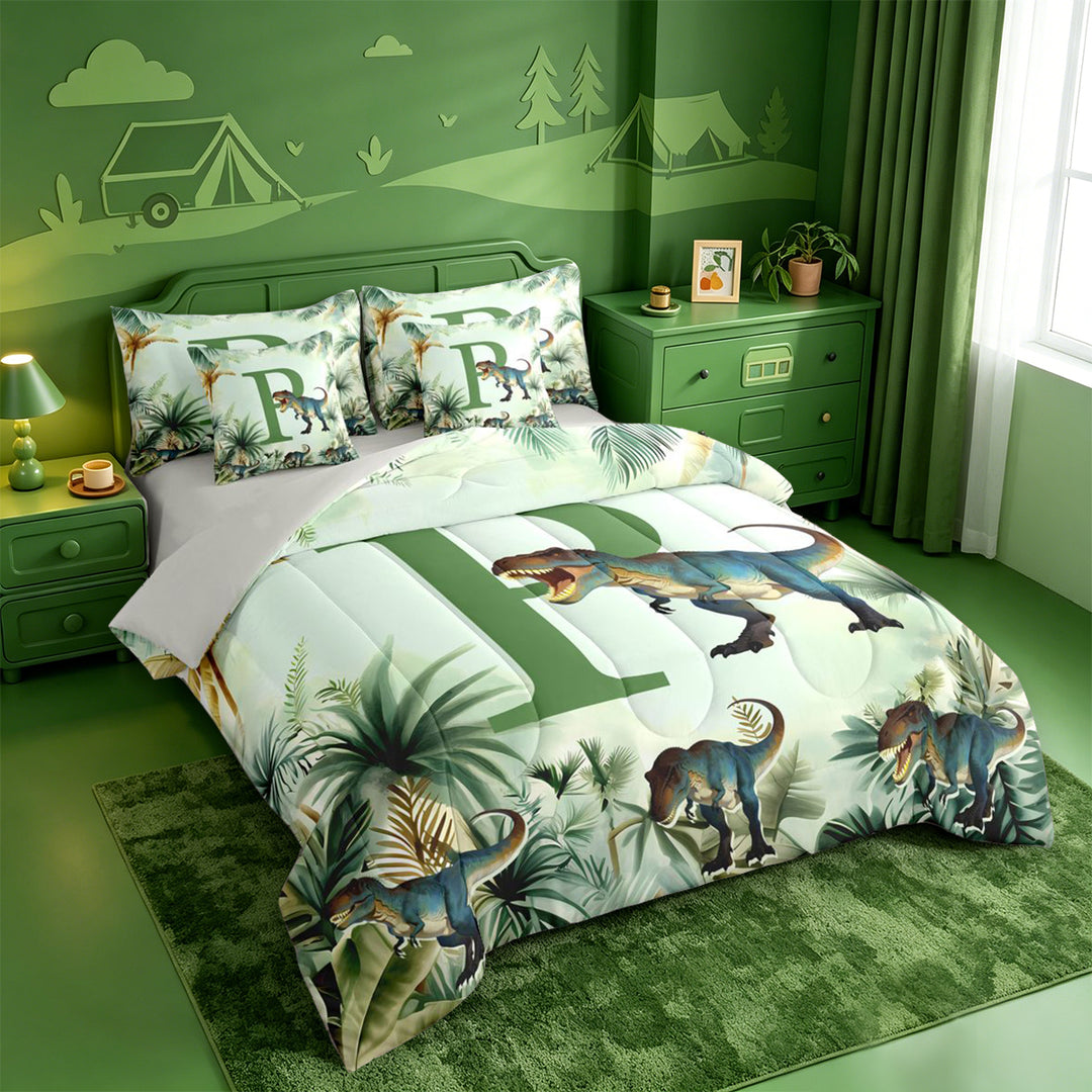 meiyoeat wild Animal Dino Print 7 Pieces Full Size Bedding Sets,3D Cartoon Monogrammed P Art Full Size Bed in a Bag,Light Gray Reversible
