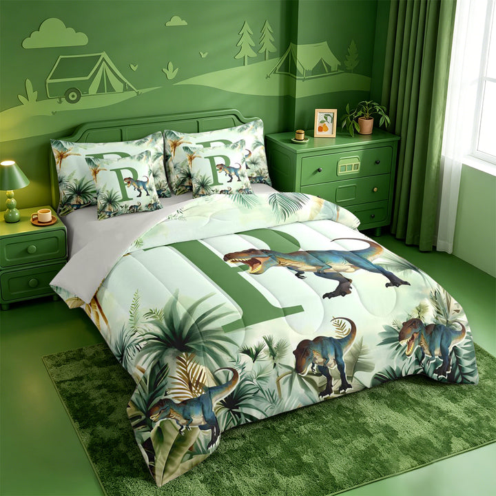 meiyoeat wild Animal Dino Print 7 Pieces Full Size Bedding Sets,3D Cartoon Monogrammed P Art Full Size Bed in a Bag,Light Gray Reversible