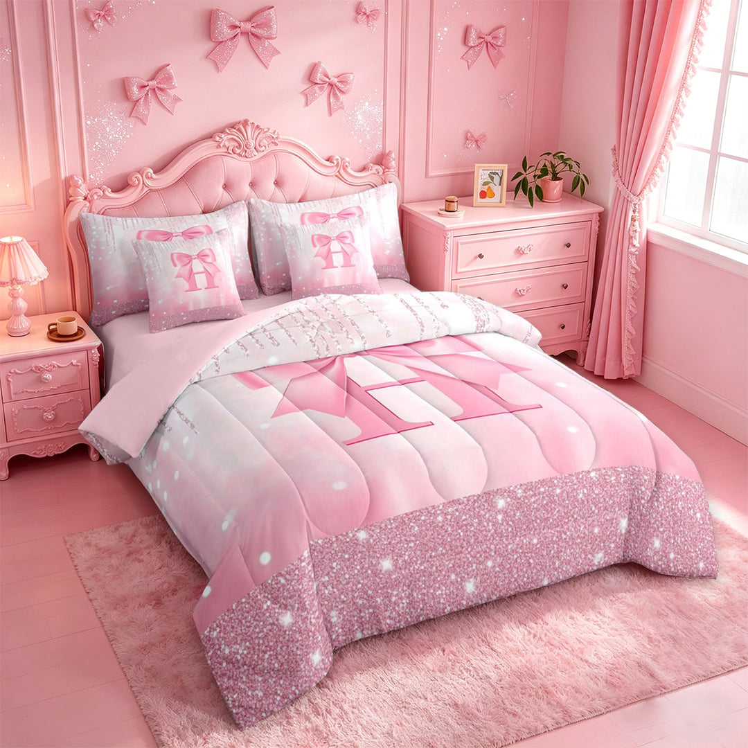 meiyoeat Cute Bowknot Letter Print 7 Pieces Full Size Bedding Sets For Girls,Pink Bowtie Monogrammed H Full Size Bed in a Bag For Kids,Pink Reversible