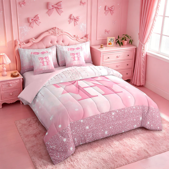 meiyoeat Cute Bowknot Letter Print 7 Pieces Full Size Bedding Sets For Girls,Pink Bowtie Monogrammed H Full Size Bed in a Bag For Kids,Pink Reversible