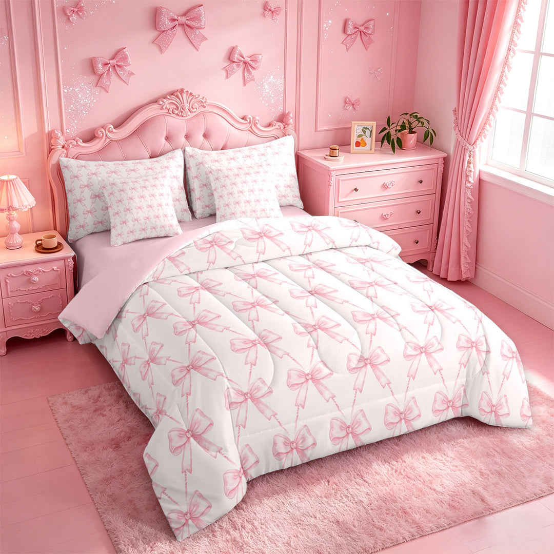 meiyoeat Pink Coquette Bows 7 Pieces Full Size Bedding Sets For Girls,Dreamy Princess Bowknot Full Size Bed in a Bag For Kids,Pink Reversible