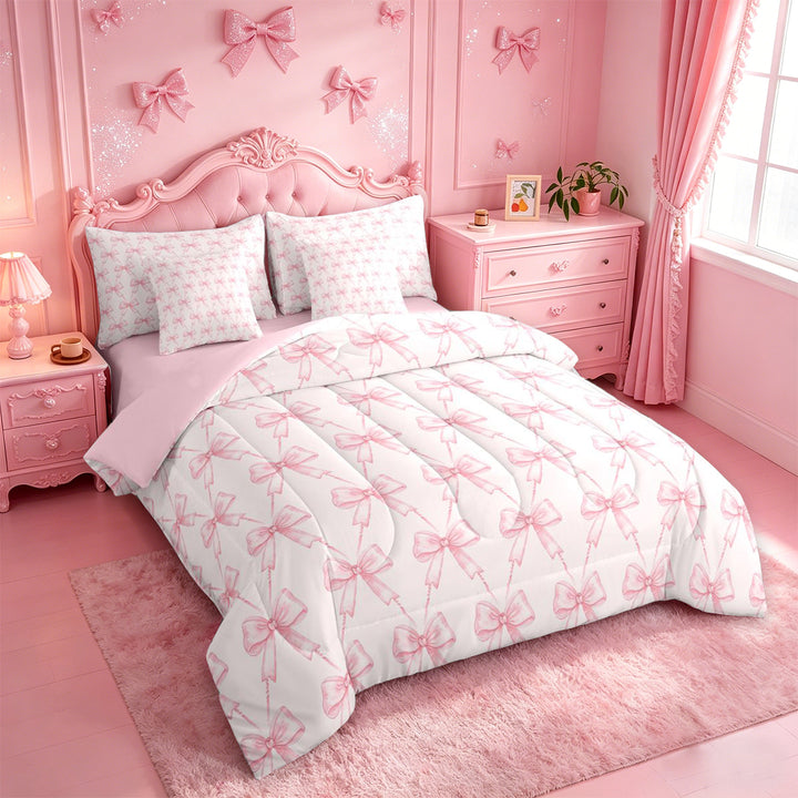 meiyoeat Pink Coquette Bows 7 Pieces Full Size Bedding Sets For Girls,Dreamy Princess Bowknot Full Size Bed in a Bag For Kids,Pink Reversible