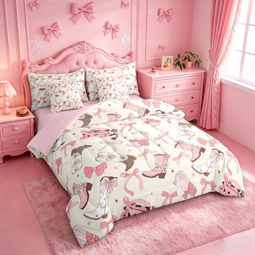 meiyoeat meiyoeat Sweet Cowgirl Boot 7 Pieces Full Size Bedding Sets For Girls, Pastel Bow Pattern Full Size Bed in a Bag For Kids,Pink Reversible