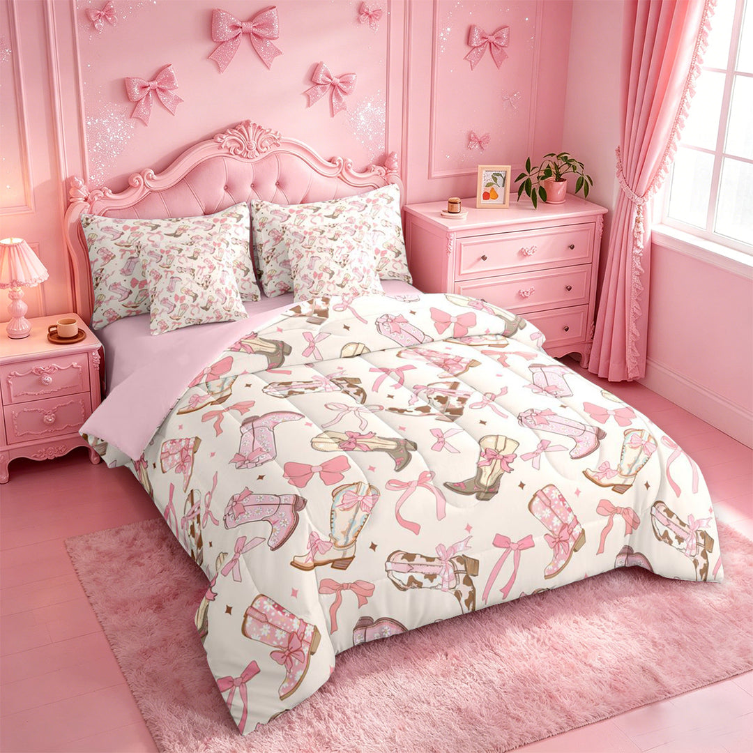 meiyoeat Girly Cowgirl Boot 7 Pieces Full Size Bedding Sets For Kids, Coquette Bow Print Full Size Bed in a Bag For Girls,Pink Reversible
