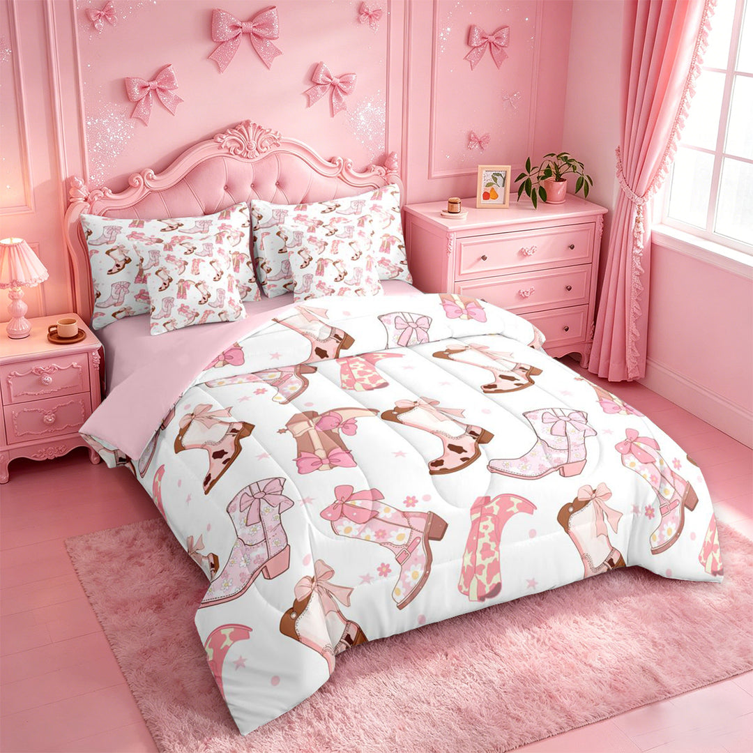 meiyoeat Western Cowgirls Boots 7 Pieces Full Size Bedding Sets For Girls,Pink Coquette Bow Full Size Bed in a Bag For Kids,Pink Reversible