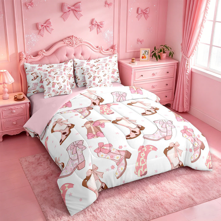 meiyoeat Western Cowgirls Boots 7 Pieces Full Size Bedding Sets For Girls,Pink Coquette Bow Full Size Bed in a Bag For Kids,Pink Reversible