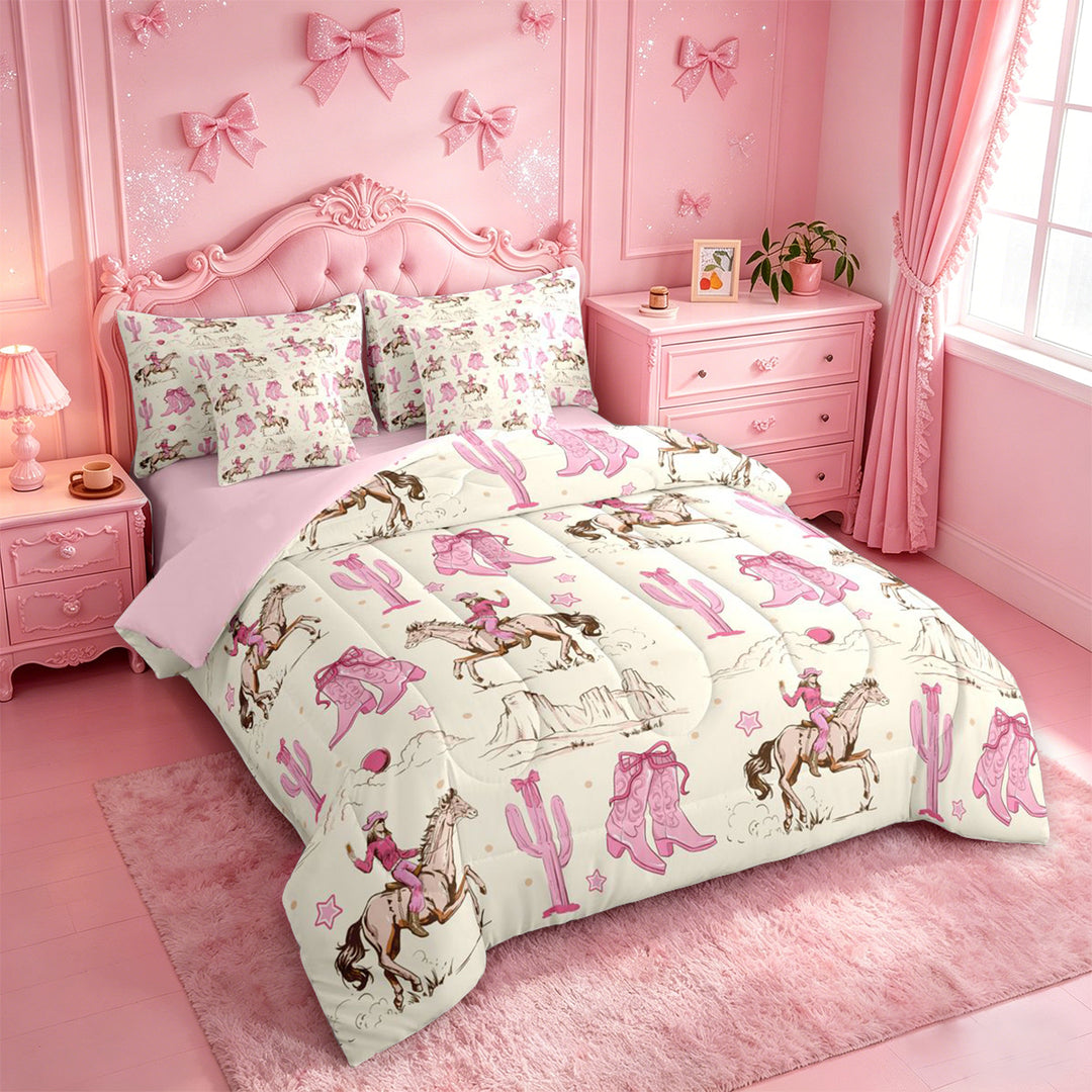 meiyoeat Retro Western Cowgirl 7 Pieces Full Size Bedding Sets For Kids, Pink Vintage Cowboy Boots Full Size Bed in a Bag For Girls,Pink Reversible