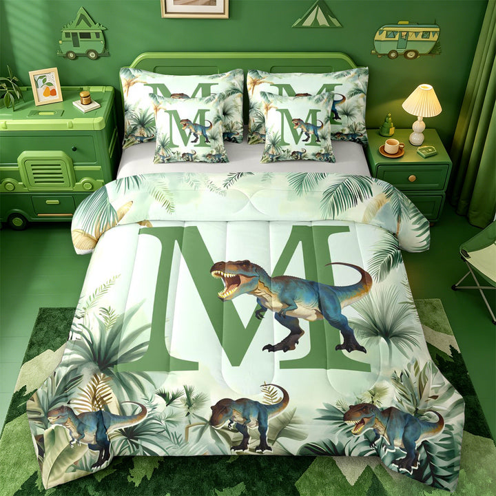 meiyoeat dinosaur Initial M 7 Pieces Full Size Bedding Sets,Jungle Dino Print Full Size Bed in a Bag,Light Gray Reversible