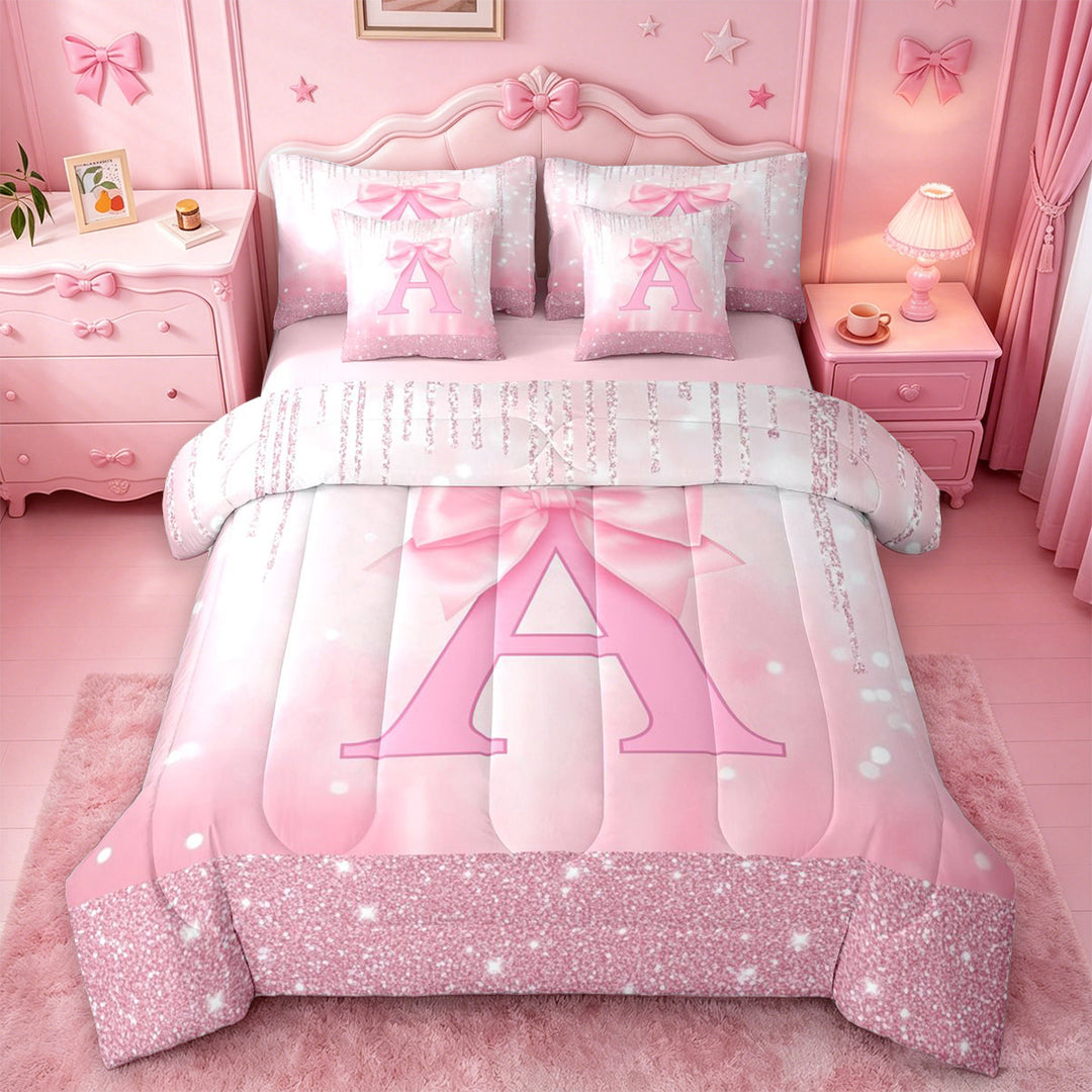 meiyoeat Pink Cute Bowknot 7 Pieces Full Size Bedding Sets For Girls,Chic Sparkling Print Monogrammed A Full Size Bed in a Bag For Kids,Pink Reversible