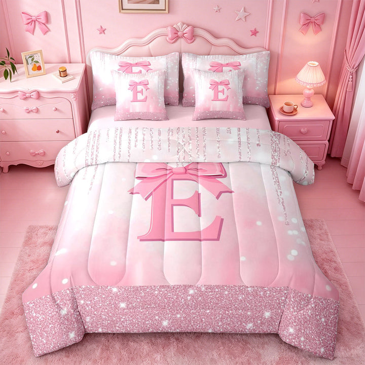 meiyoeat Pink Ribbon Bows 7 Pieces Full Size Bedding Sets For Girls,Fashion Bling Monogram E Print Full Size Bed in a Bag For Kids,Pink Reversible