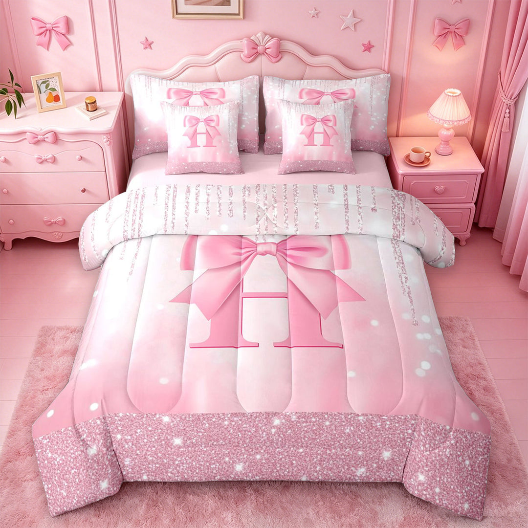 meiyoeat Cute Bowknot Letter Print 7 Pieces Full Size Bedding Sets For Girls,Pink Bowtie Monogrammed H Full Size Bed in a Bag For Kids,Pink Reversible