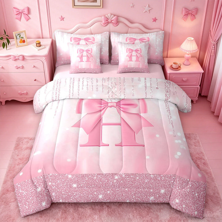 meiyoeat Cute Bowknot Letter Print 7 Pieces Full Size Bedding Sets For Girls,Pink Bowtie Monogrammed H Full Size Bed in a Bag For Kids,Pink Reversible