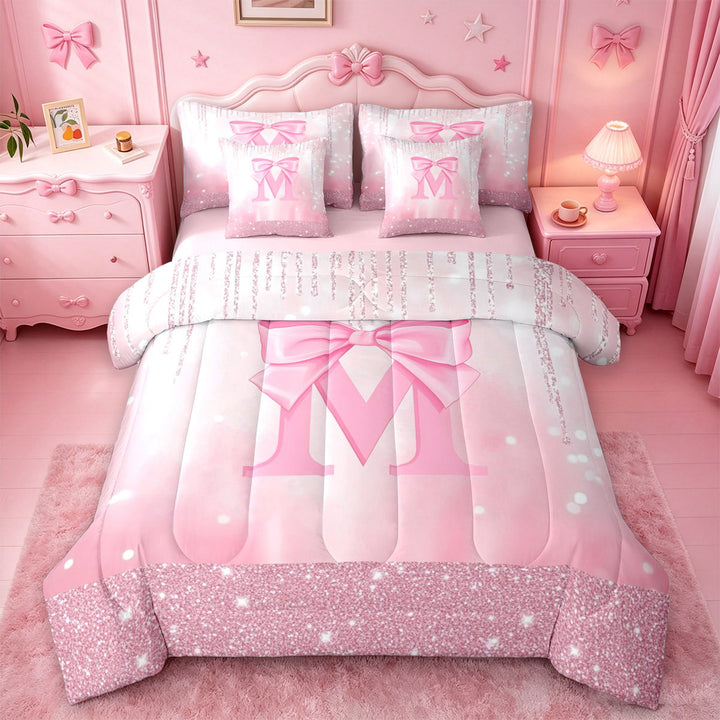 meiyoeat Pink Sequin Print 7 Pieces Full Size Bedding Sets For Girls,Ribbon Bowknot Alphabet Print M Full Size Bed in a Bag For Kids,Pink Reversible