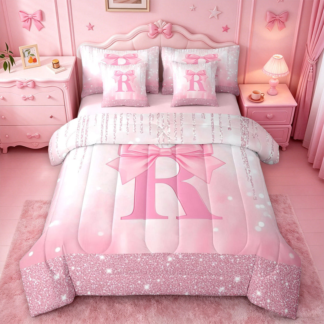 meiyoeat Pink Cute Bowknot 7 Pieces Full Size Bedding Sets For Girls,Chic Sparkling Print Monogrammed R Full Size Bed in a Bag For Kids,Pink Reversible