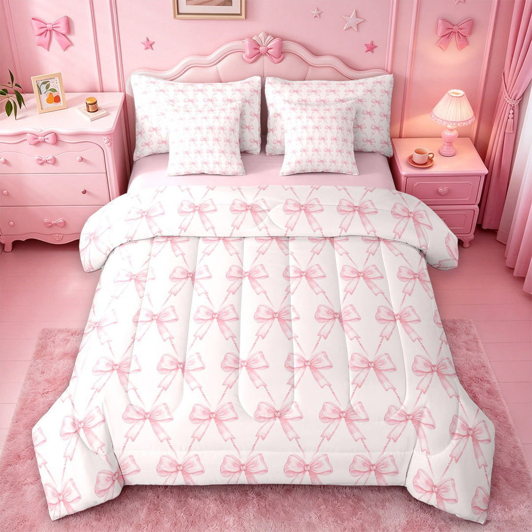 meiyoeat Pink Coquette Bows 7 Pieces Full Size Bedding Sets For Girls,Dreamy Princess Bowknot Full Size Bed in a Bag For Kids,Pink Reversible
