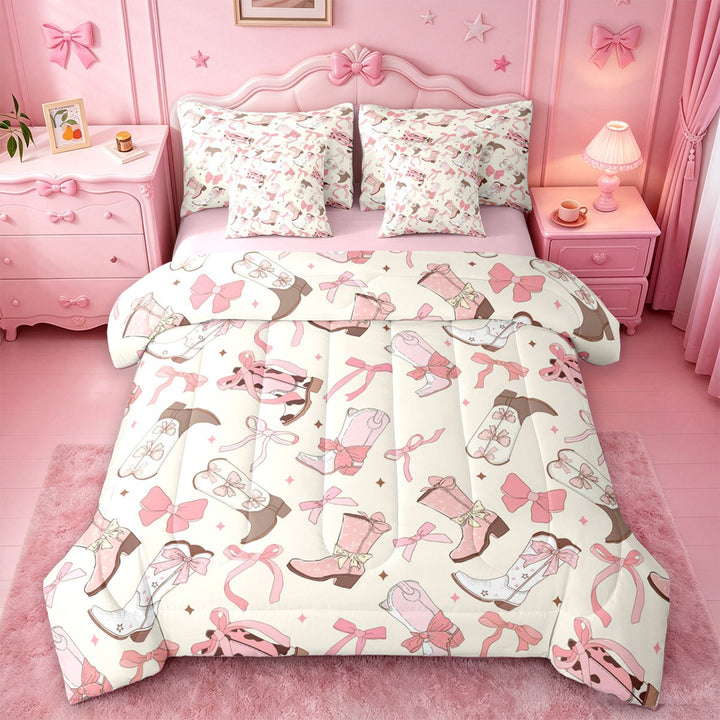 meiyoeat meiyoeat Sweet Cowgirl Boot 7 Pieces Full Size Bedding Sets For Girls, Pastel Bow Pattern Full Size Bed in a Bag For Kids,Pink Reversible