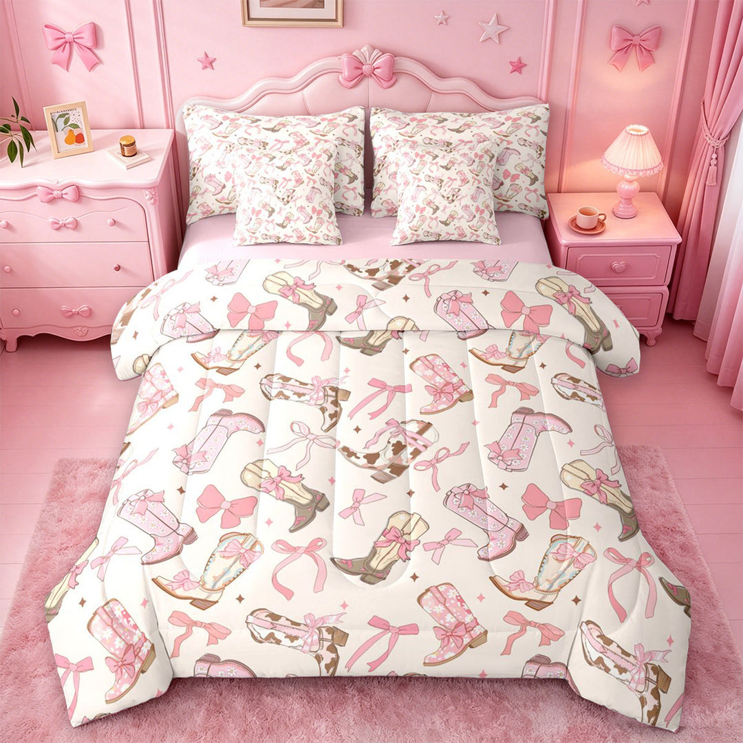 meiyoeat Girly Cowgirl Boot 7 Pieces Full Size Bedding Sets For Kids, Coquette Bow Print Full Size Bed in a Bag For Girls,Pink Reversible