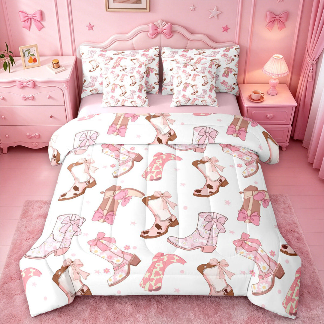 meiyoeat Western Cowgirls Boots 7 Pieces Full Size Bedding Sets For Girls,Pink Coquette Bow Full Size Bed in a Bag For Kids,Pink Reversible