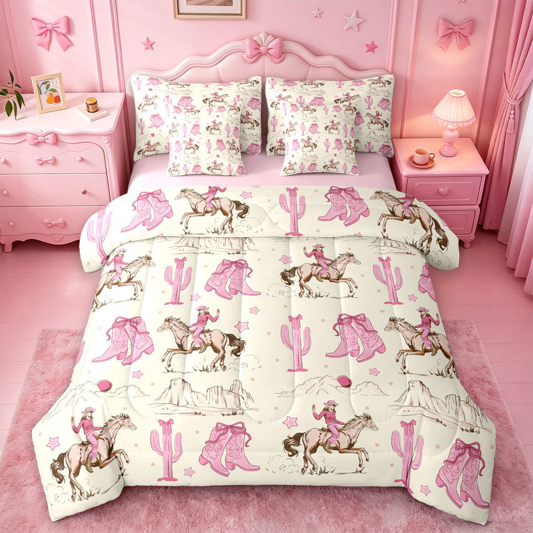 meiyoeat Retro Western Cowgirl 7 Pieces Full Size Bedding Sets For Kids, Pink Vintage Cowboy Boots Full Size Bed in a Bag For Girls,Pink Reversible