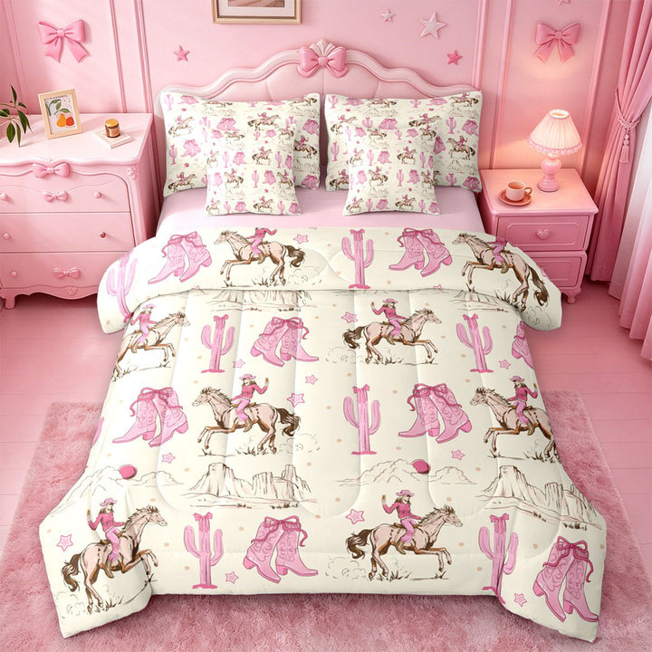 meiyoeat Retro Western Cowgirl 7 Pieces Full Size Bedding Sets For Kids, Pink Vintage Cowboy Boots Full Size Bed in a Bag For Girls,Pink Reversible
