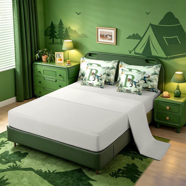 meiyoeat wild Animal Dino Print 7 Pieces Full Size Bedding Sets,3D Cartoon Monogrammed P Art Full Size Bed in a Bag,Light Gray Reversible