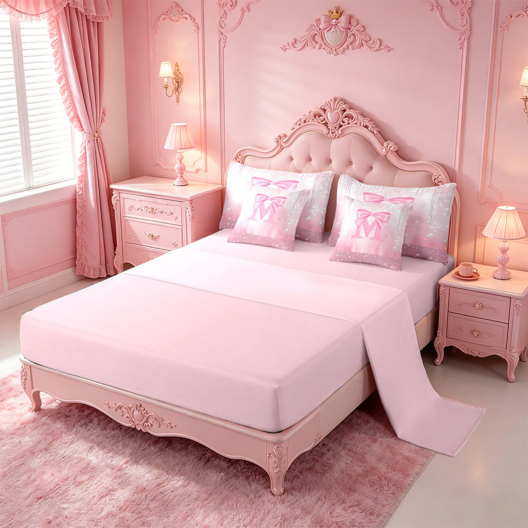 meiyoeat Pink Sequin Print 7 Pieces Full Size Bedding Sets For Girls,Ribbon Bowknot Alphabet Print M Full Size Bed in a Bag For Kids,Pink Reversible