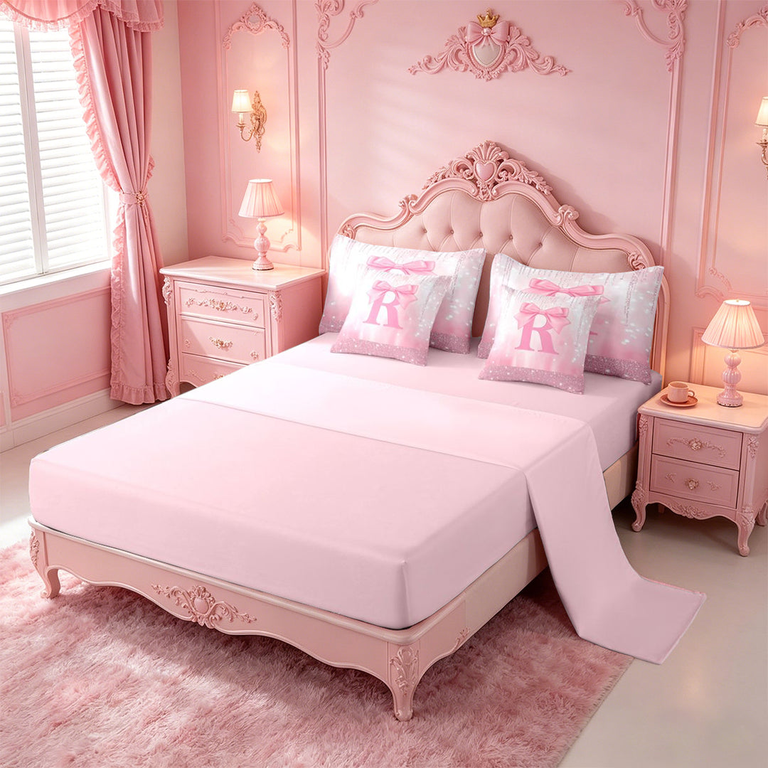 meiyoeat Pink Cute Bowknot 7 Pieces Full Size Bedding Sets For Girls,Chic Sparkling Print Monogrammed R Full Size Bed in a Bag For Kids,Pink Reversible