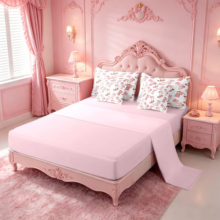 meiyoeat Western Cowgirls Boots 7 Pieces Full Size Bedding Sets For Girls,Pink Coquette Bow Full Size Bed in a Bag For Kids,Pink Reversible
