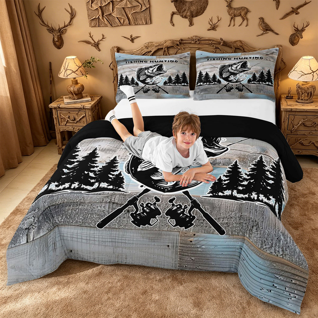 meiyoeat Vintage Bass Fishing Full Size Comforter Sets For Kids,Woodland Fish Print Bedding Comforter Set For Boys,Black Reversible,3pcs
