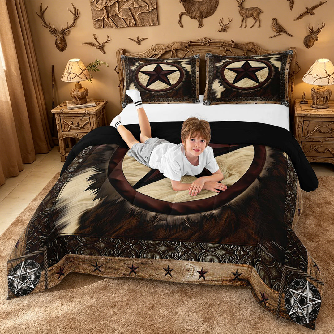 meiyoeat Vintage Cattle Hide King Size Comforter Sets For Boys,Rustic Western Cowboy Comforters King Size For Kids,Black Reversible,3-Piece