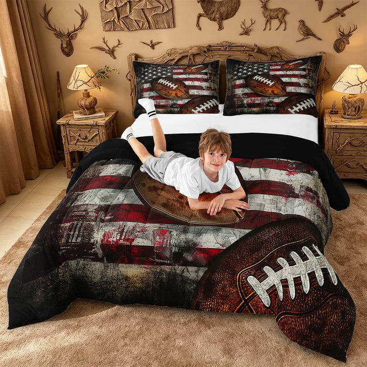 meiyoeat Boys Football Games Full Size Comforter Sets For Kids,Vintage American Flag Pattern Bedding Comforter Set For Boys,Black Reversible,3 Pieces