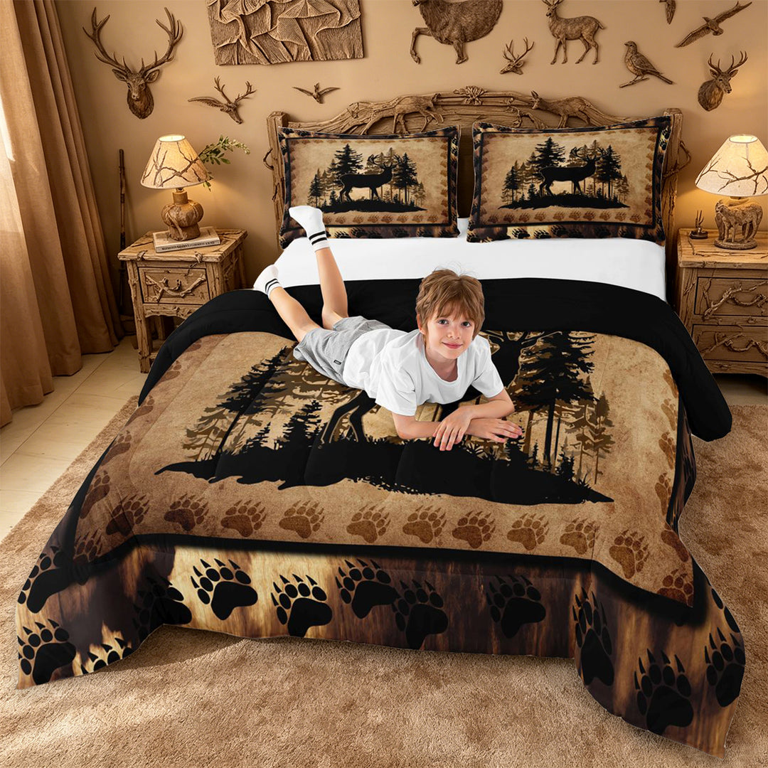 meiyoeat Vintage Deer Silhouette King Size Comforter Sets, Rustic Paw Print Comforters King Size For Boys Kids,Black Reversible,3-Piece