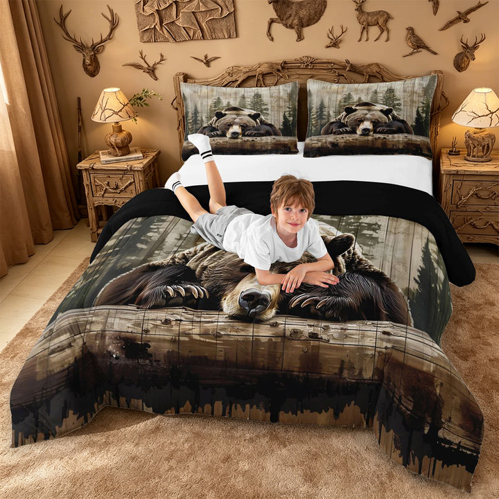 meiyoeat Rustic Bear Wood King Size Comforter Sets For Boys, Vintage Farmhouse Cabin Comforters King Size For Kids,Black Reversible,3-Piece