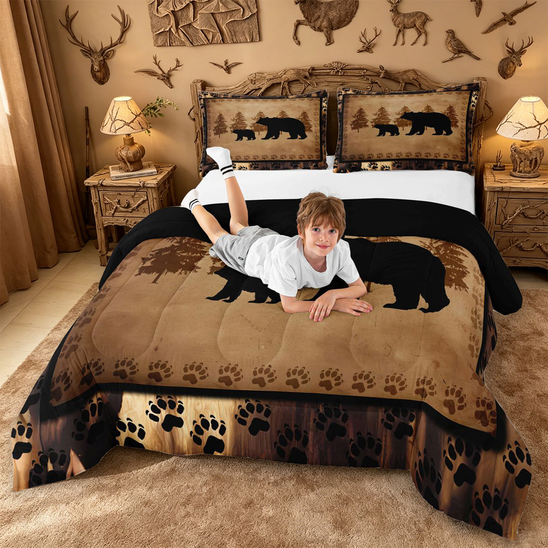meiyoeat Vintage Bear Silhouette King Size Comforter Sets For Kids, Rustic Paw Print Comforters King Size For Men,Black Reversible,3 Pieces