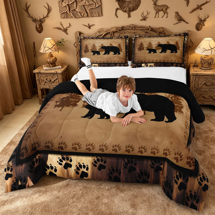 meiyoeat Vintage Bear Silhouette King Size Comforter Sets For Kids, Rustic Paw Print Comforters King Size For Men,Black Reversible,3 Pieces