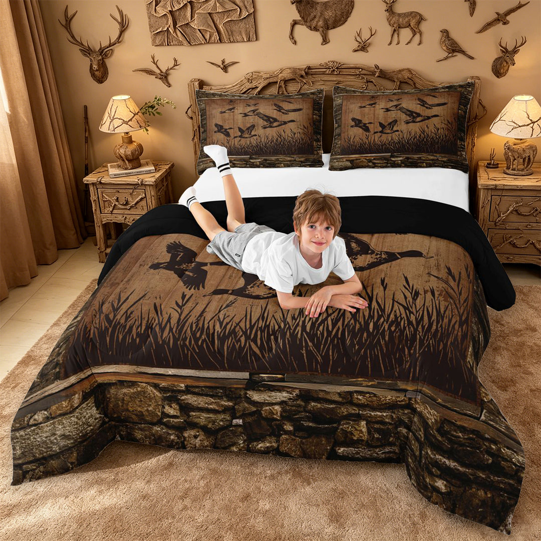 meiyoeat Vintage Mallard Duck Silhouette King Size Comforter Sets, Rustic Farmhouse Wood Print Comforters King Size For Kids,Black Reversible,3-Piece